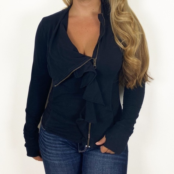 XCVI Black Lightweight Ruffle Moto Zip Shirt Jacket Size Small Casual - Picture 2 of 7